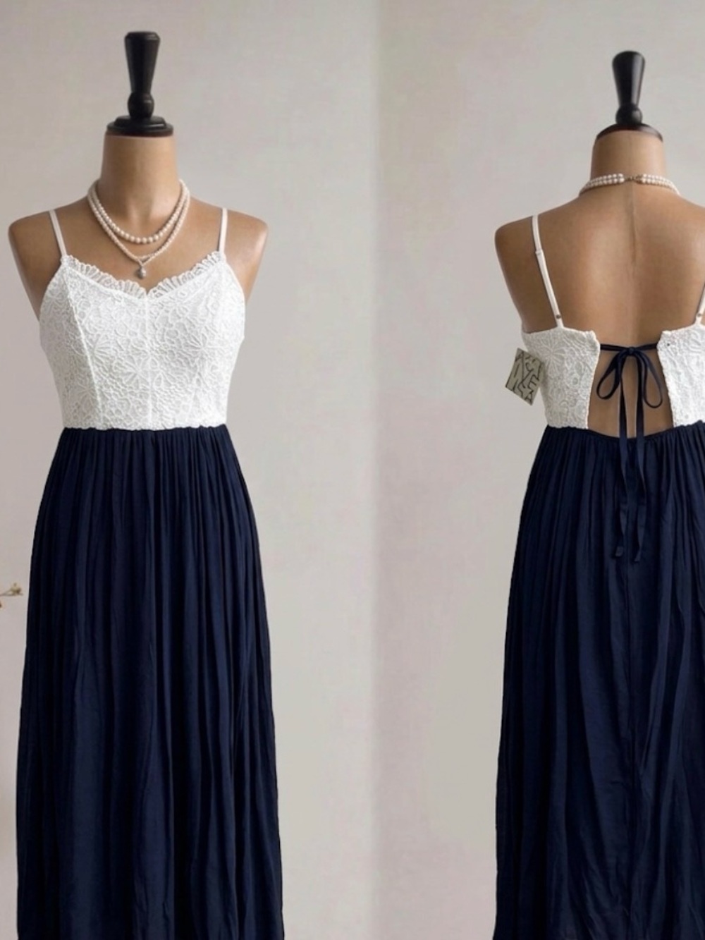White Lace Bodice Navy Maxi Dress with Back Tie